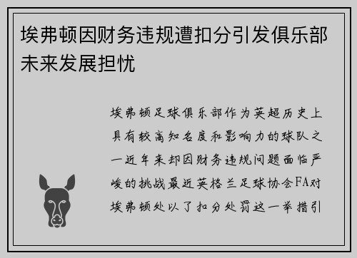 埃弗顿因财务违规遭扣分引发俱乐部未来发展担忧