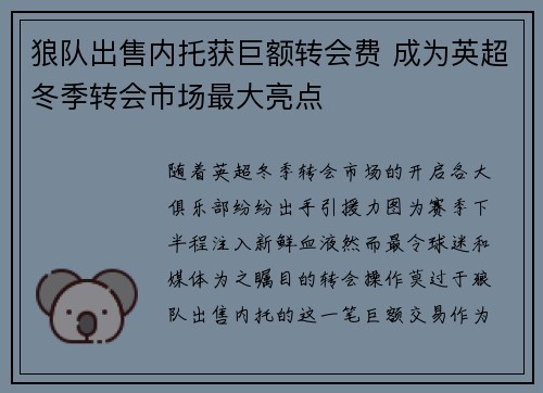 狼队出售内托获巨额转会费 成为英超冬季转会市场最大亮点